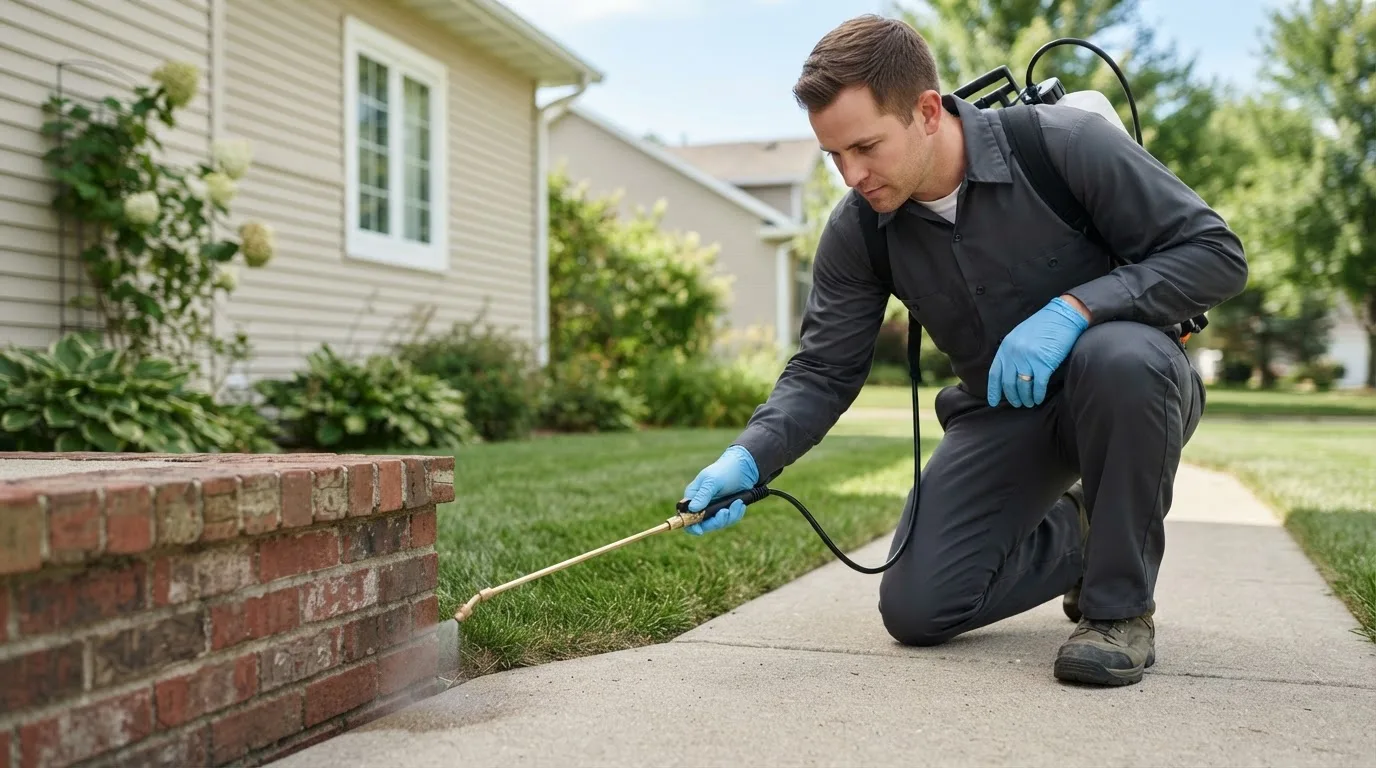 Pest control technician treating a home near Dodge City, KS